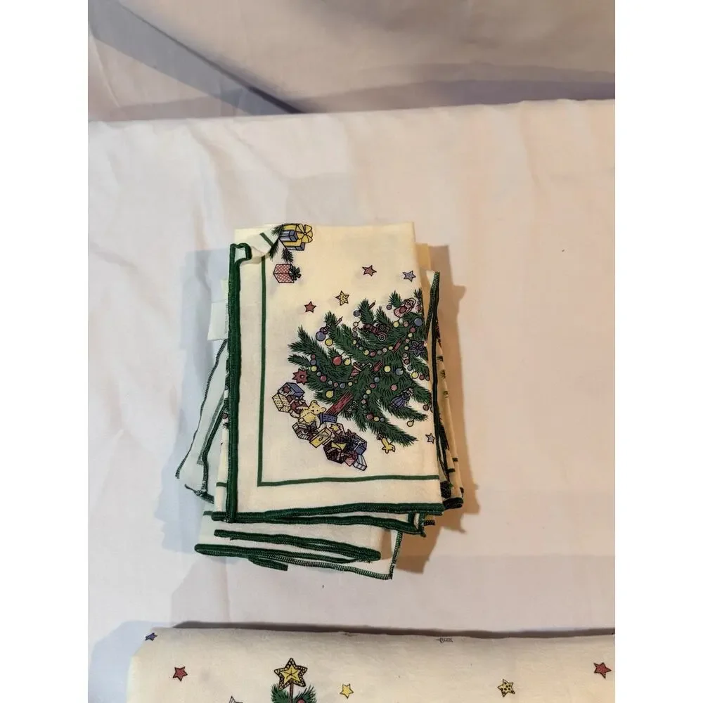 Vintage Fallani & Cohn Christmas Tablecloth 60x96 & 12 Napkins Tree Holiday Set